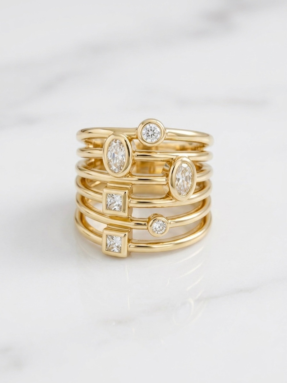 14K Gold Plated Multi-Row Stacked Band Ring with CZ Accent | Statement Jewelry